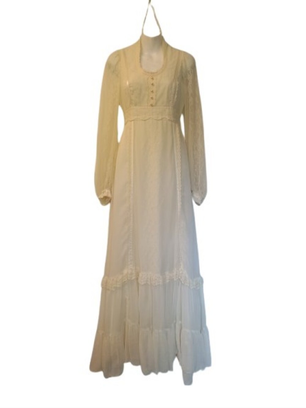 Vtg Gunne Sax 70s Ivory Prairie Maxi Dress 1970s Lace Wedding Dress Size: S